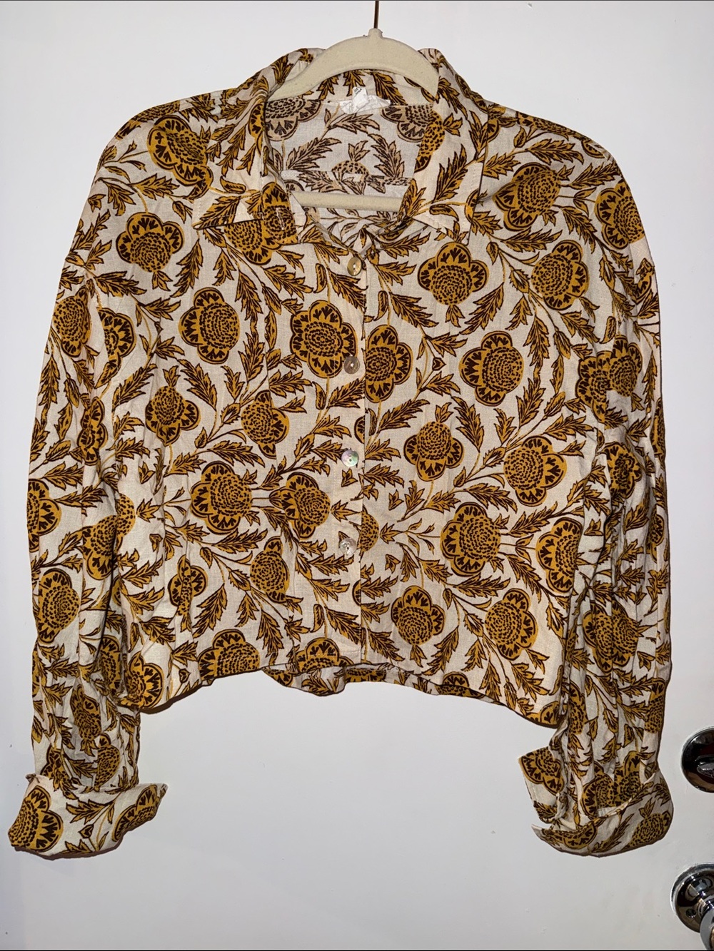 Womens Cream & Mustard Floral Button-Up Top